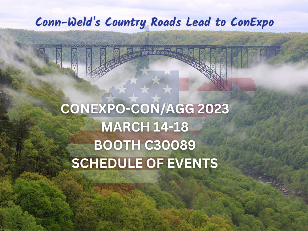Front view of New River Gorge Bridge with fog in mountains with red, white, and blue outline of West Virginia captioned schedule of events.